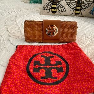 Tory Burch rattan natural leather and gold clutch